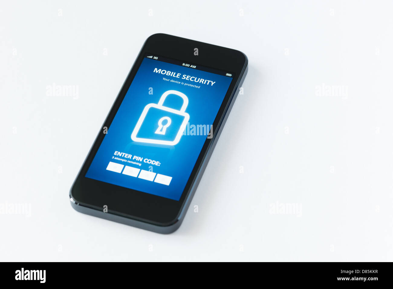Modernes Smartphone mit mobile Sicherheit Anwendungsschnittstelle auf einem Bildschirm. Isoliert auf weißem Hintergrund Stockfoto