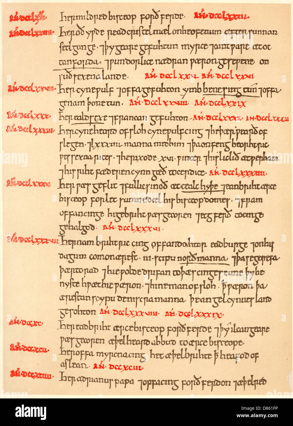 Seite aus dem Anglo-Saxon Chronicle Stockfoto