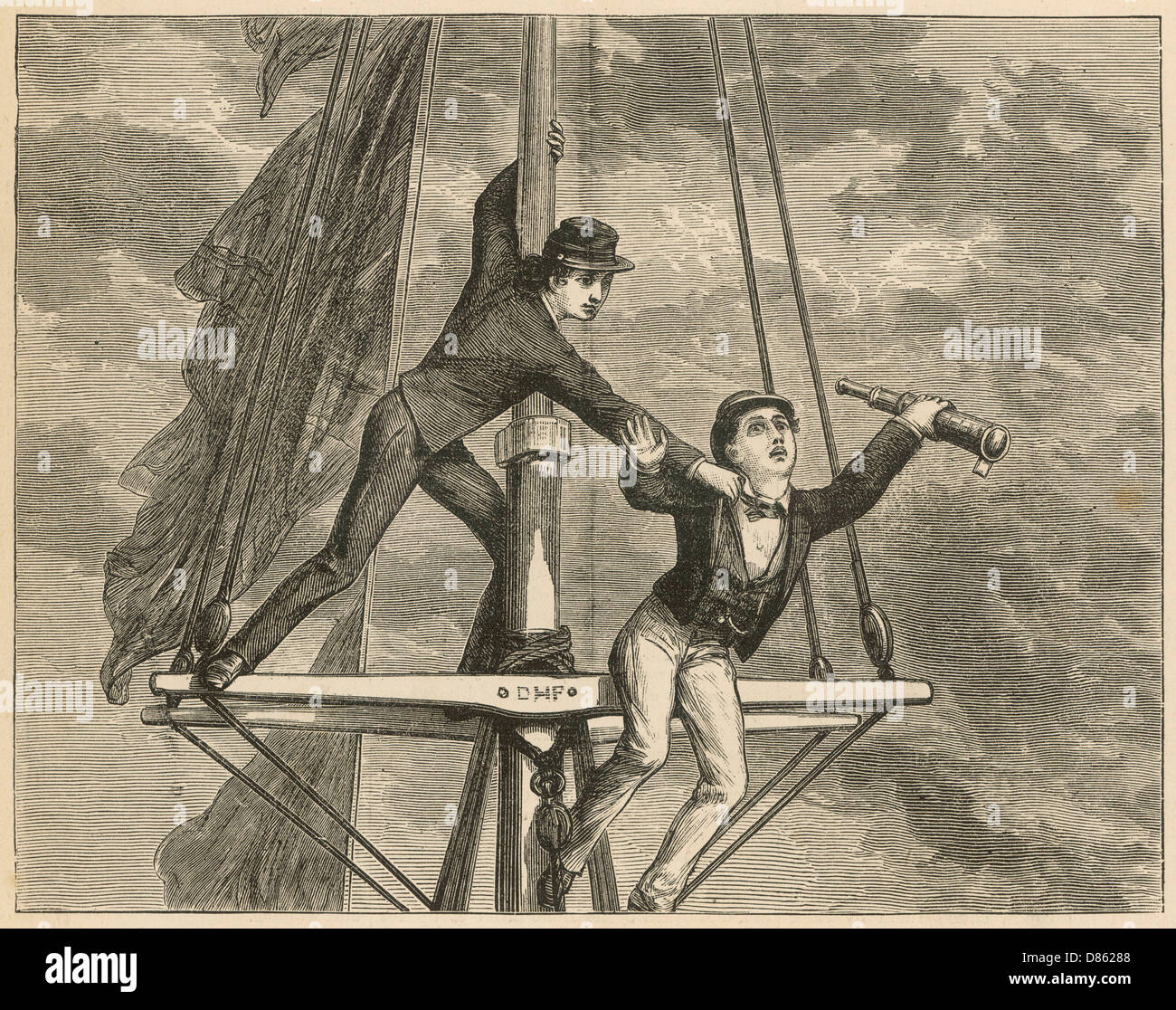 Ein Junge, der vom Mast eines Schiffes fällt Stockfoto