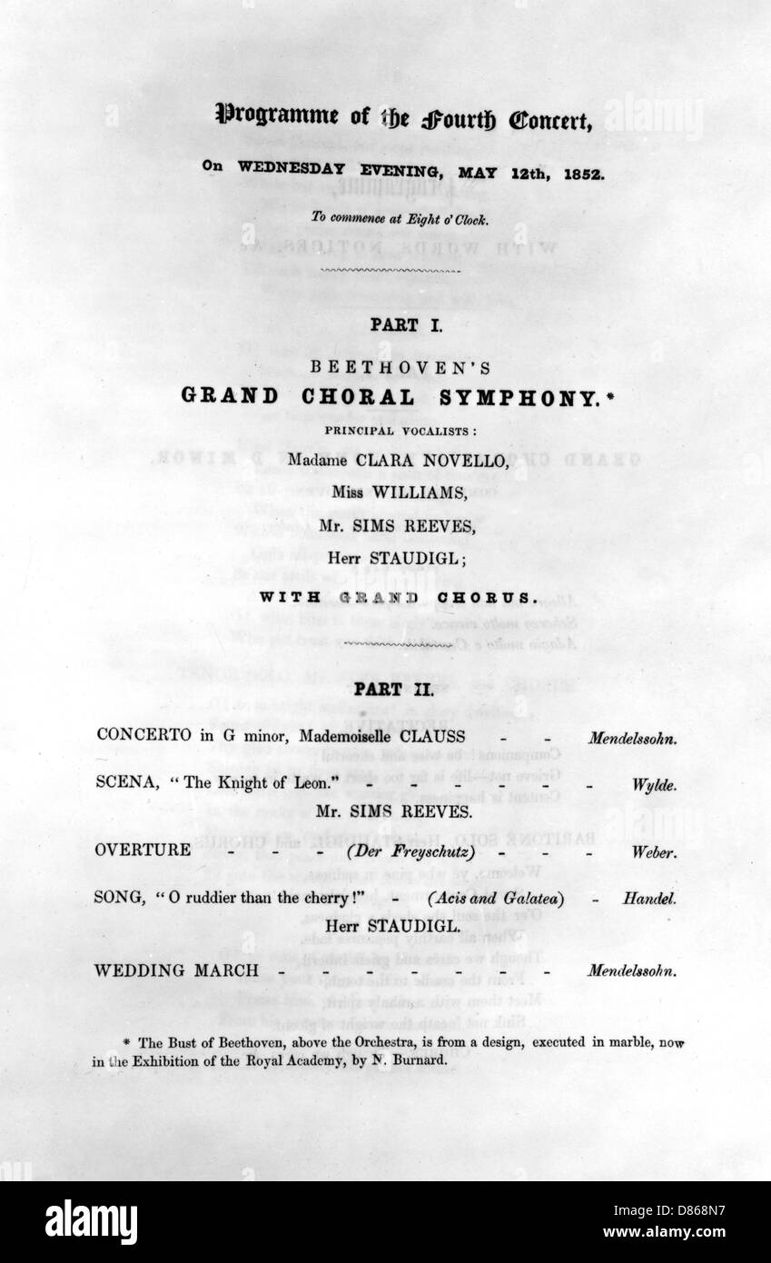 Programm für Beethovens Grand Chorsinfonie 1852 Stockfoto