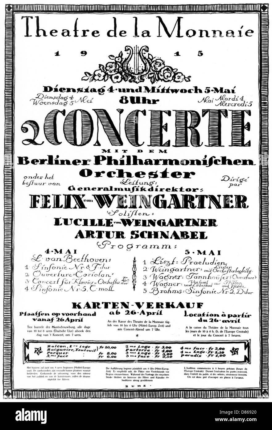 Konzertprogramm des besetzten Belgiens, 1915. Stockfoto