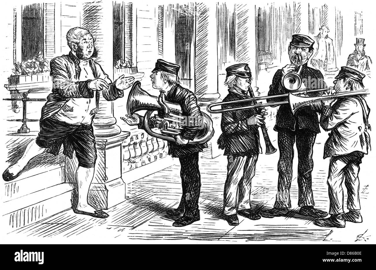 Cartoon, Straßenmusik, unwillkommene deutsche Band Stockfoto