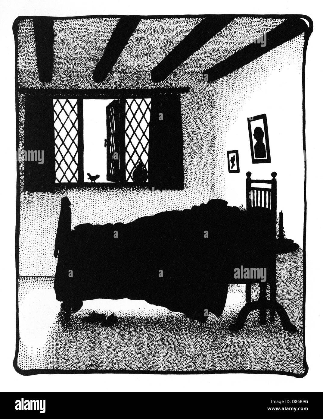 Spatz zwitschert auf Mrs. Bobbity's Fenstervorsprung Stockfoto