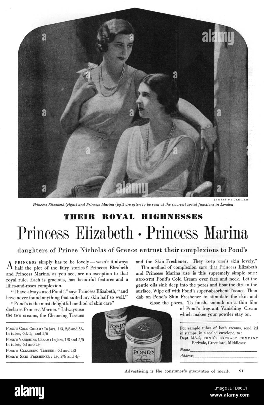 Anzeige für Ponds Cold Cream mit Princess Marina Stockfoto