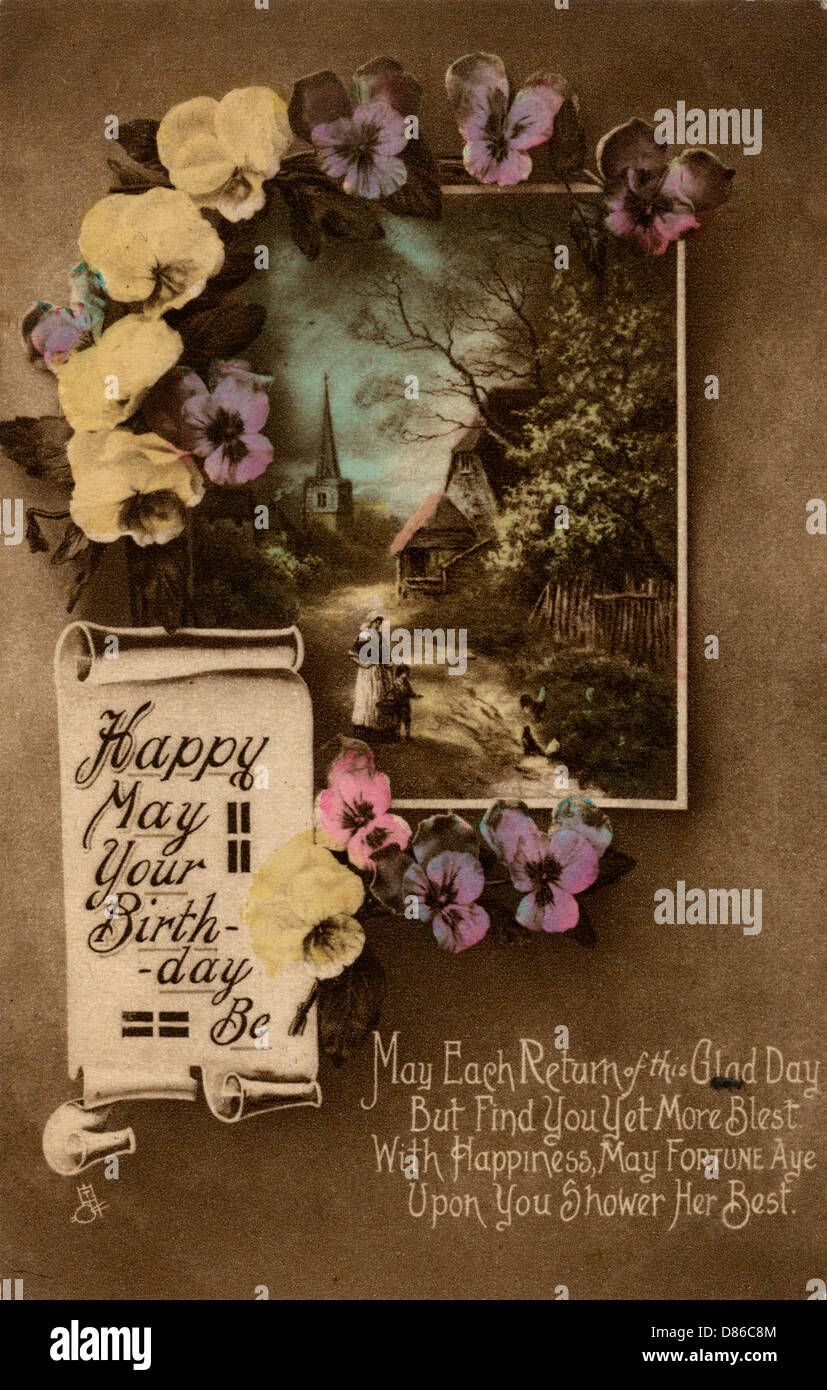 Happy May your Birthday be, Country Scene and flowers (alles gute zum Geburtstag, Landszene und Blumen Stockfoto
