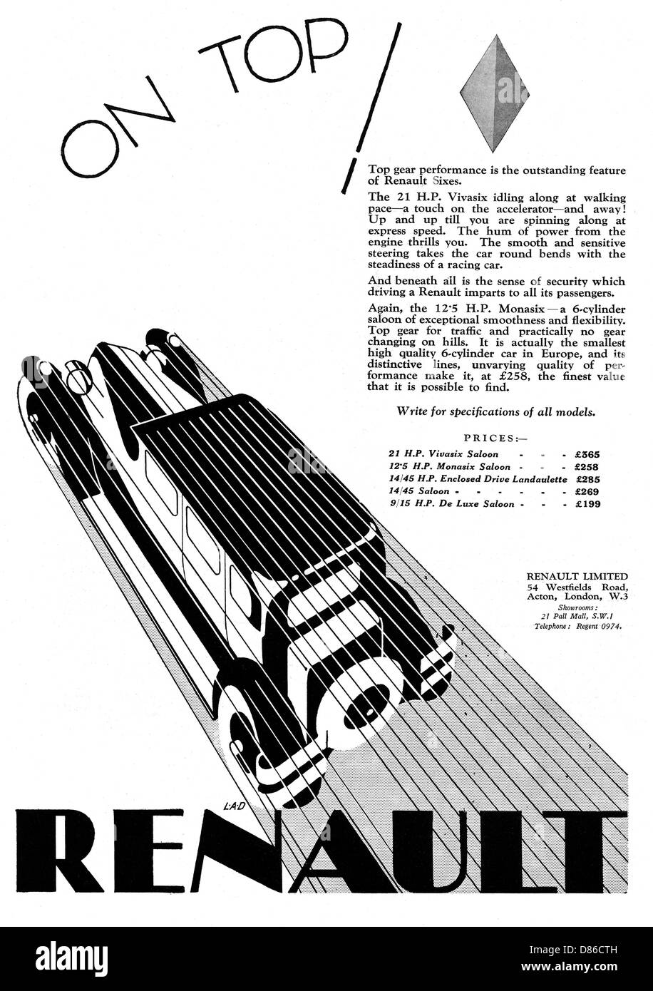 Ein Renault-Werbespot aus den 20er Jahren. Stockfoto