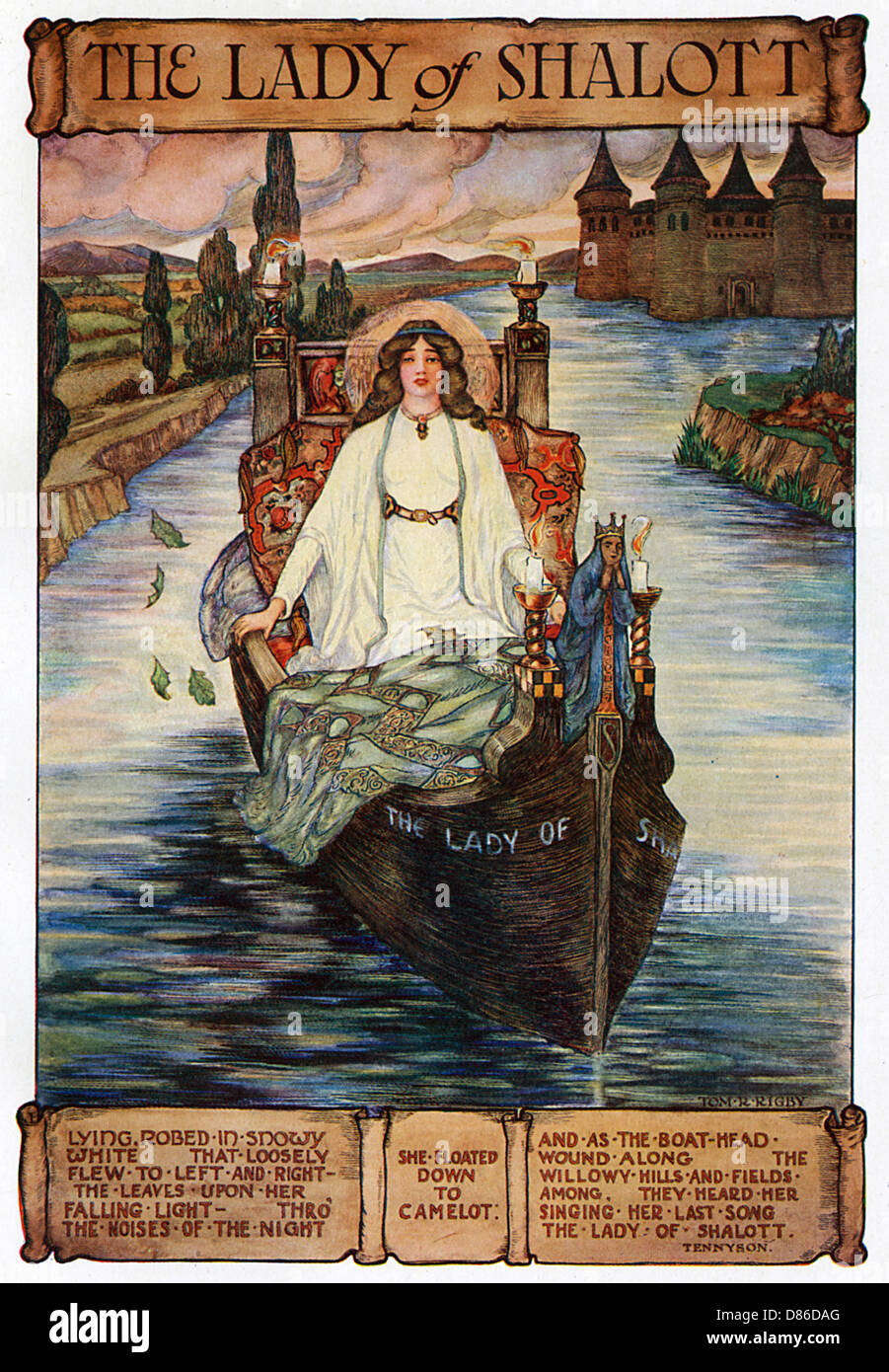 Die Lady von Shalott reist auf ihr Boot nach Camelot. Stockfoto