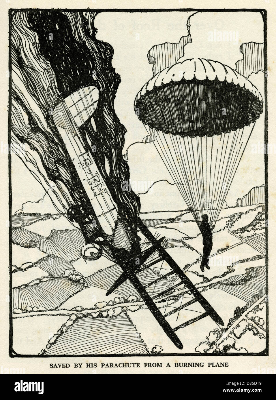 Gerettet durch einen Fallschirm aus einem brennenden Flugzeug Stockfoto
