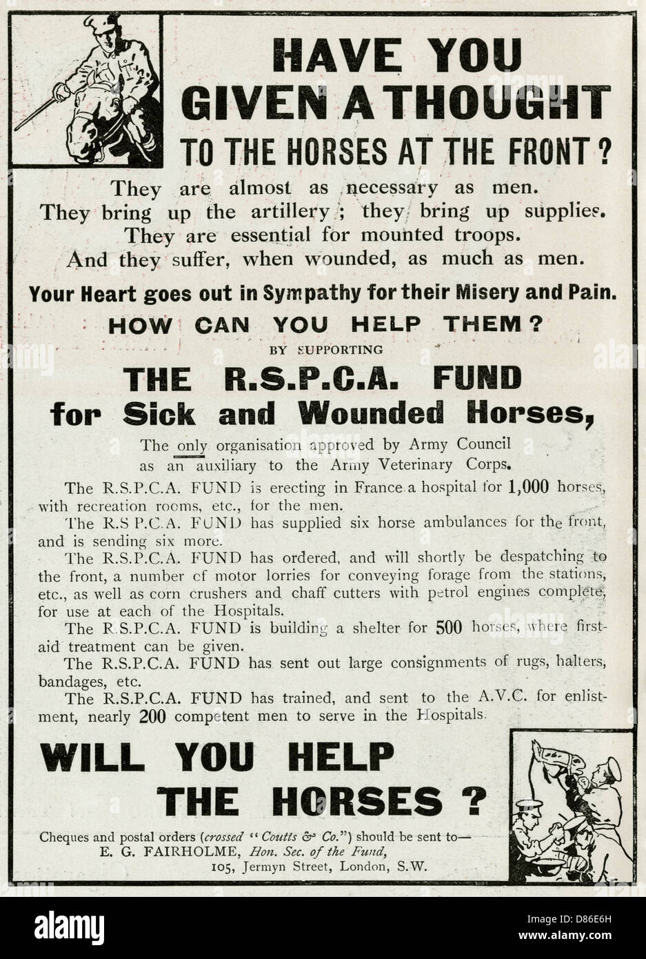 Werbung für den R.S.P.C.A-Fonds für kranke verwundete Pferde 1915 Stockfoto