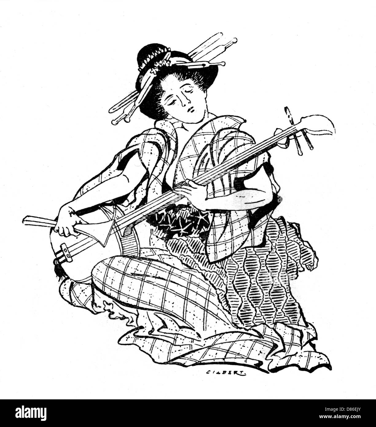 Eine Dame, die ein Schamisen spielt, ein japanisches Musikinstrument Stockfoto