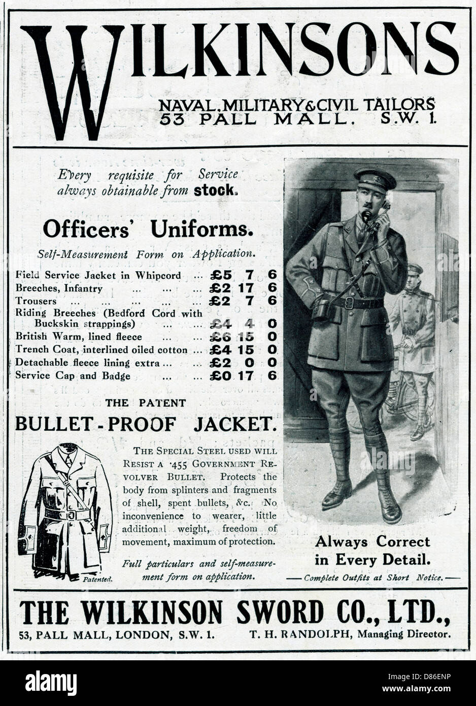 Anzeige für Wilkinsons Offiziersuniformen 1918 Stockfoto
