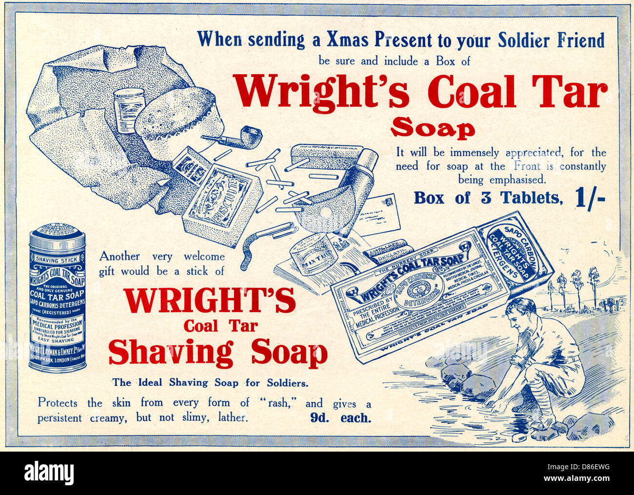 Wrights Steinkohlenteer Seife Werbung Ww1 Stockfoto
