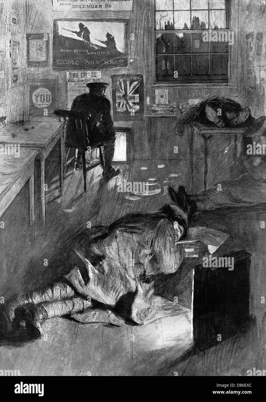 Derby-Rekrutierer schlafen in einem Rekrutierungsbüro, WW1 Stockfoto