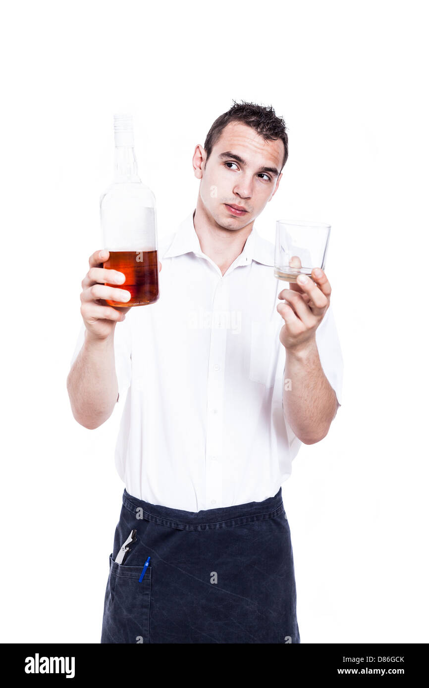 Ernst Kellner halten Flasche Whisky und leeren Glas, isoliert auf weißem Hintergrund Stockfoto