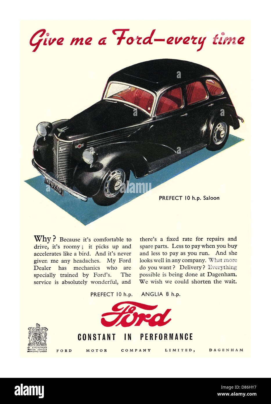 FORD PRÄFEKT 1947 Pressemagazin Werbe-Illustration für einen in Großbritannien gebauten Ford Prefect 10hp-Motorwagen der Nachkriegsjahre der vierziger Jahre Stockfoto