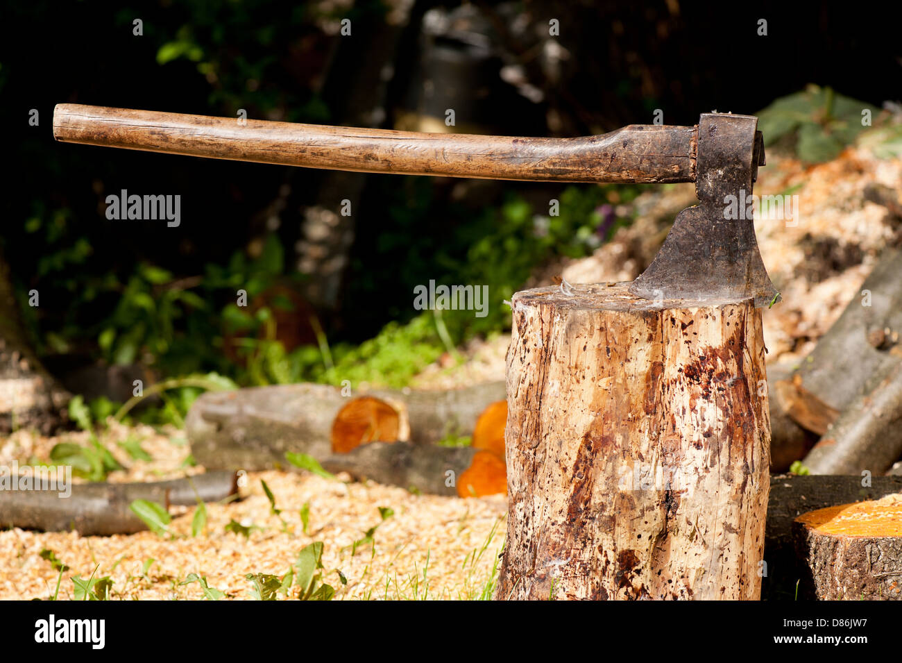 Große eiserne Axt aufgespießt im Holzblock Stockfoto