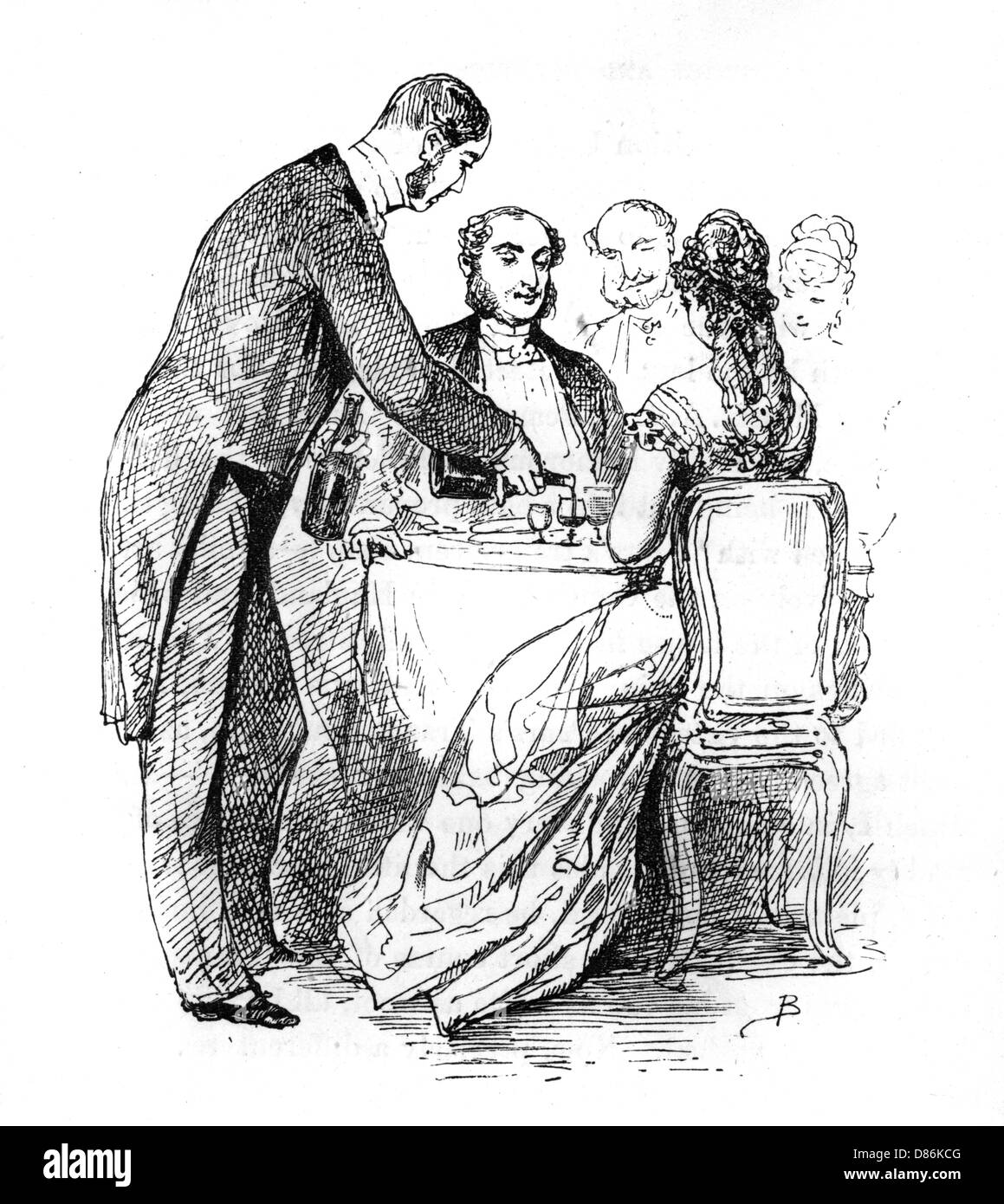 Kellner gießt Wein Stockfoto