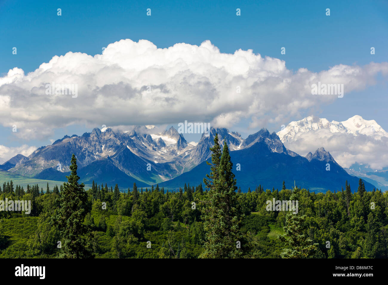 Panoramablick Alaska Range: Mt Foraker, Mt Hunter, aus "Denali Sicht Süd", AK Stockfoto