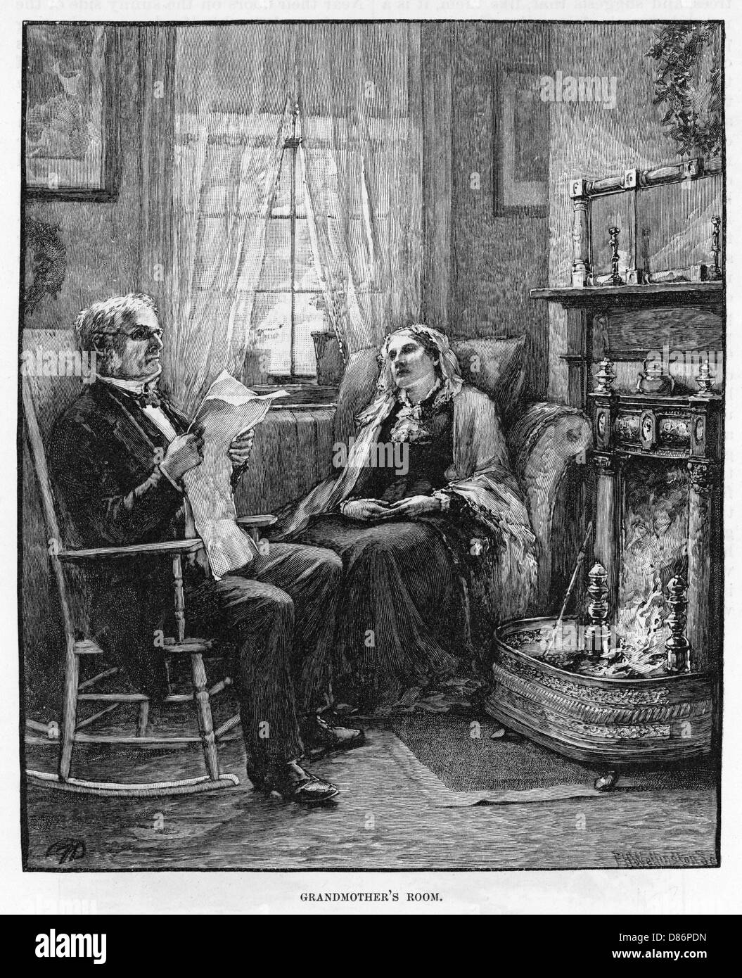 Innen: Ein altes Paar am Kamin, 1883. Stockfoto