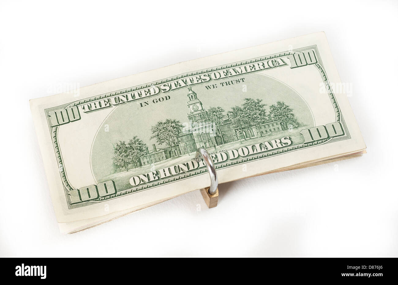 Amerikanische Dollar in Bar mit Vorhängeschloss isoliert auf einem weißen Hintergrund Konzept gesperrt finanziellen Sicherheit Stockfoto