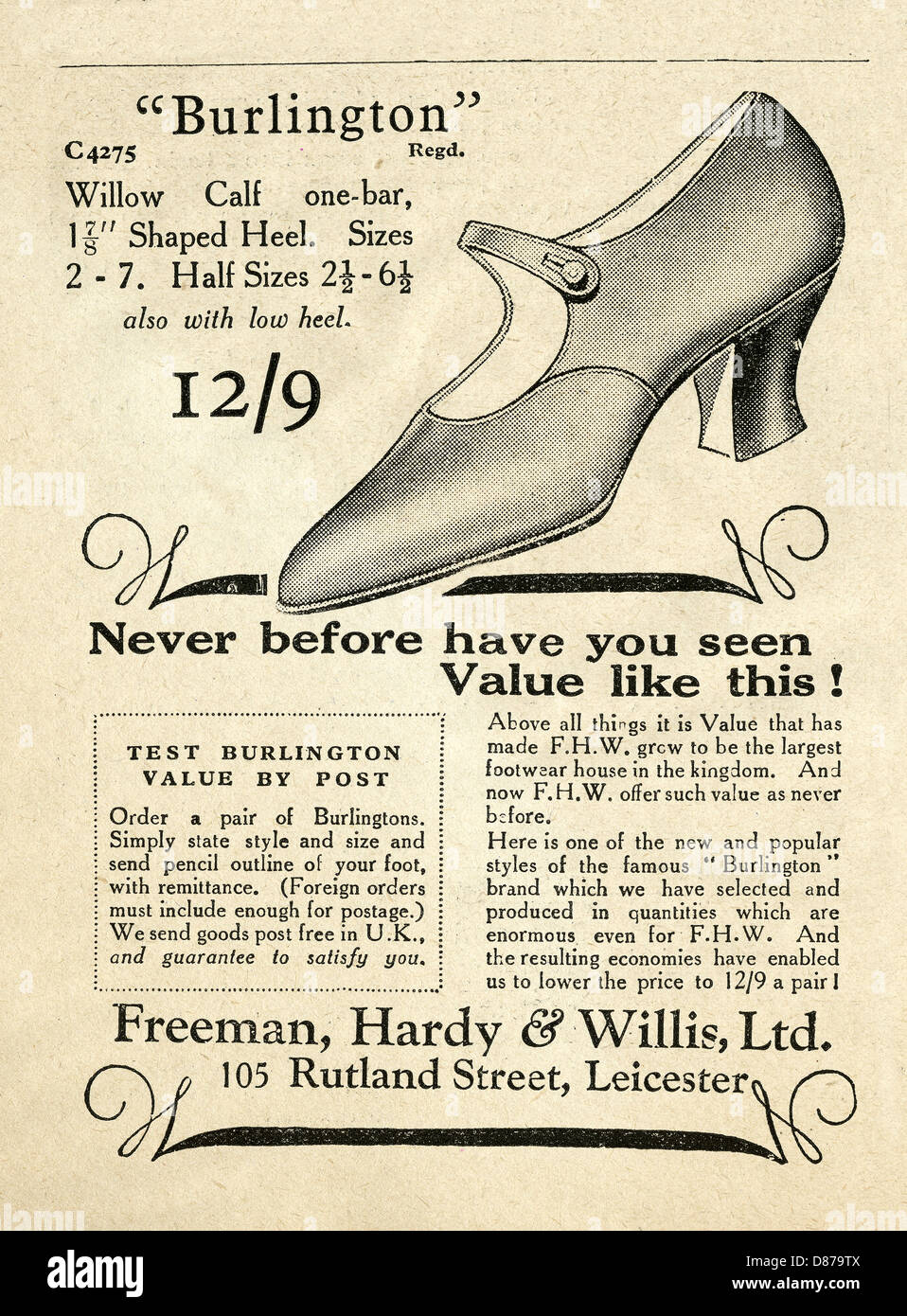 1928-Anzeige für Freeman Hardy und Willis Mode Damenschuhe - betont die Anzeige Wert für Geld Stockfoto