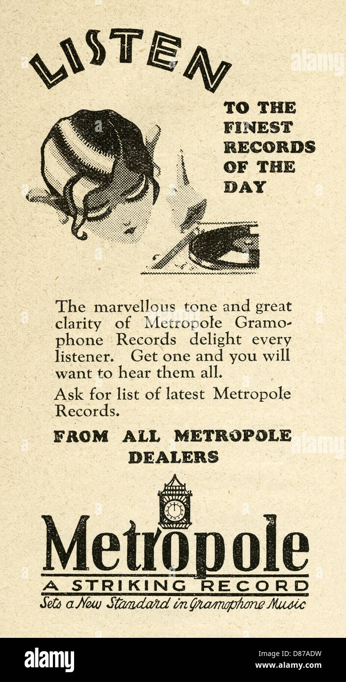 Werbung für Metropole Schallplatten. Die Anzeige erschien in einer Frauenzeitschrift 1928. Stockfoto