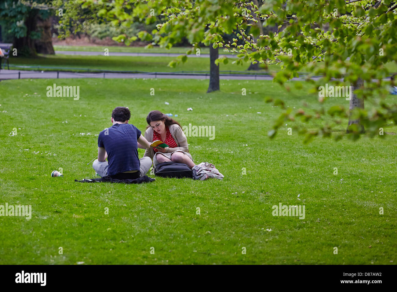 Zwei junge Leute sitzen und entspannen Sie an einem sonnigen Tag in St. Stephens Green Park, Dublin, Irland Stockfoto