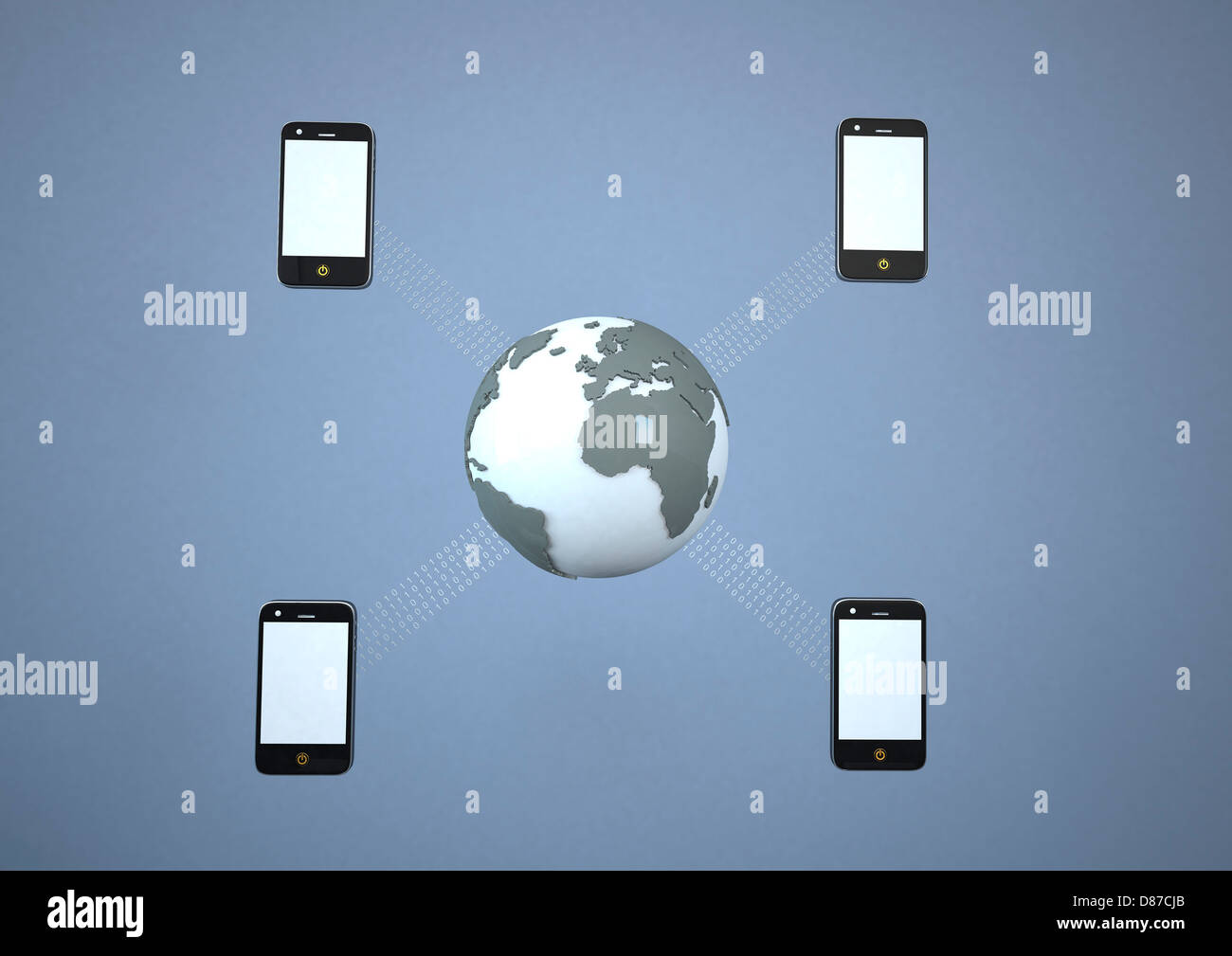 Mobile und Globe vor grauem Hintergrund, Nahaufnahme Stockfoto