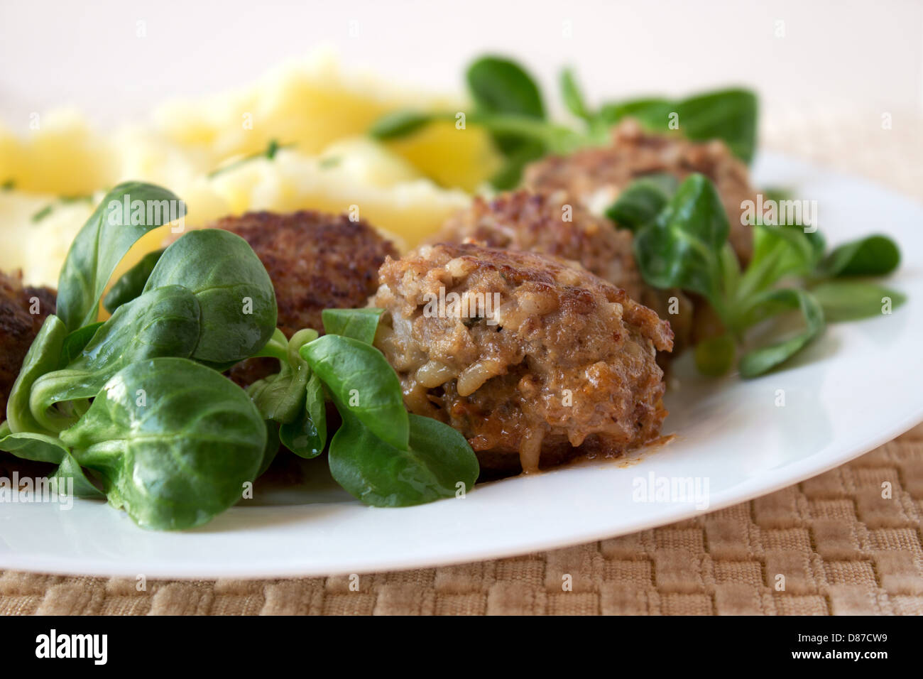 Russische traditionelle Frikadellen gemacht mit Fleisch und Reis mit gestampften Kartoffeln und grünem Salat Stockfoto