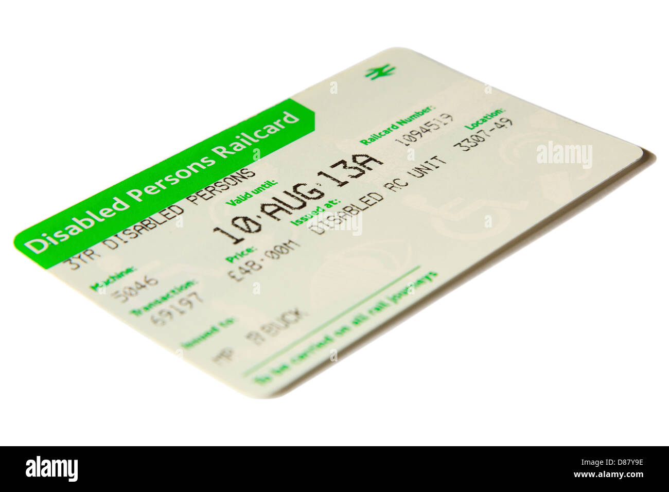 3YR behinderte Personen BahnCard für reduzierte Schiene Tarife und günstige Bahnreisen isoliert auf einem weißen Hintergrund. England, UK Stockfoto