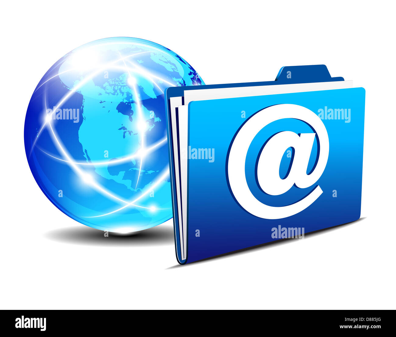 e-Mail-Ordner und Kommunikation Internet-Welt - Netzwerk Konzept, Kommunikation Internet Globe und Ordner Stockfoto