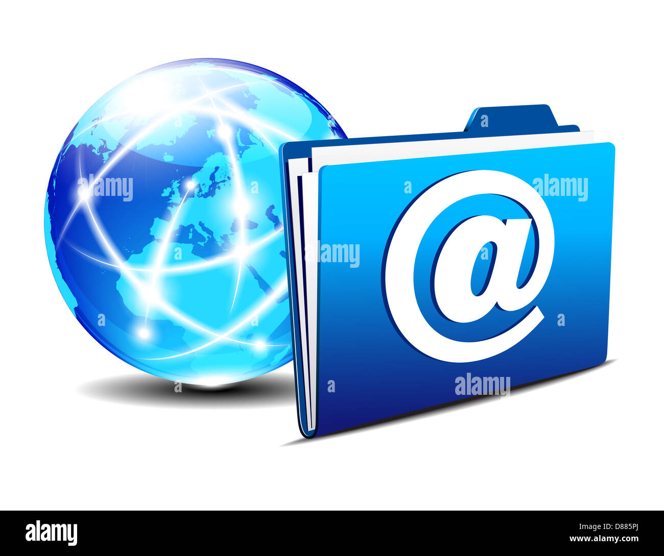 e-Mail-Ordner und Kommunikation Internet-Welt - Netzwerk Konzept, Kommunikation Internet Globe und Ordner Stockfoto
