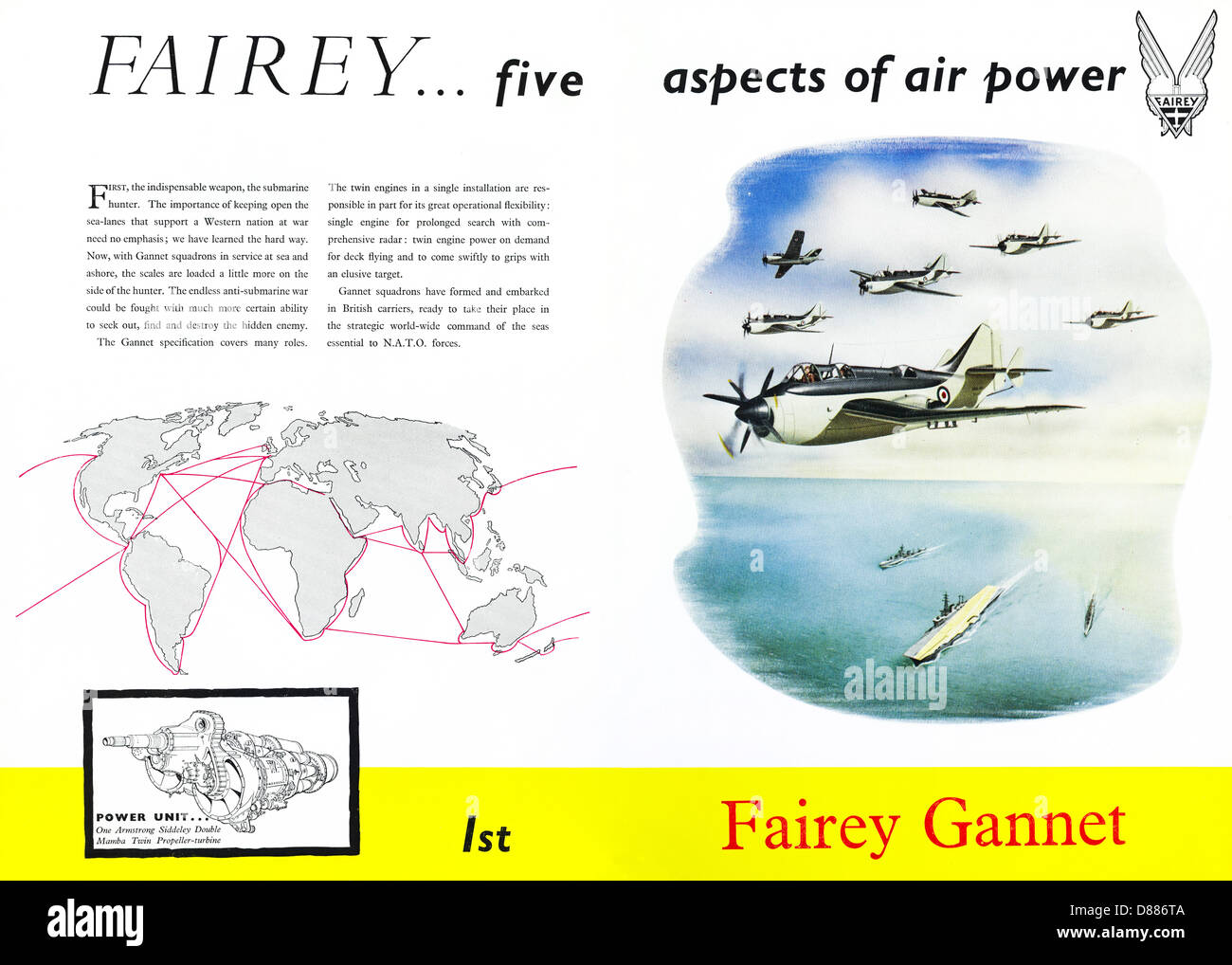 Doppelseite Anzeige für FAIREY GANNET Flugzeug Werbung im Fachmagazin ca. 1955 Stockfoto