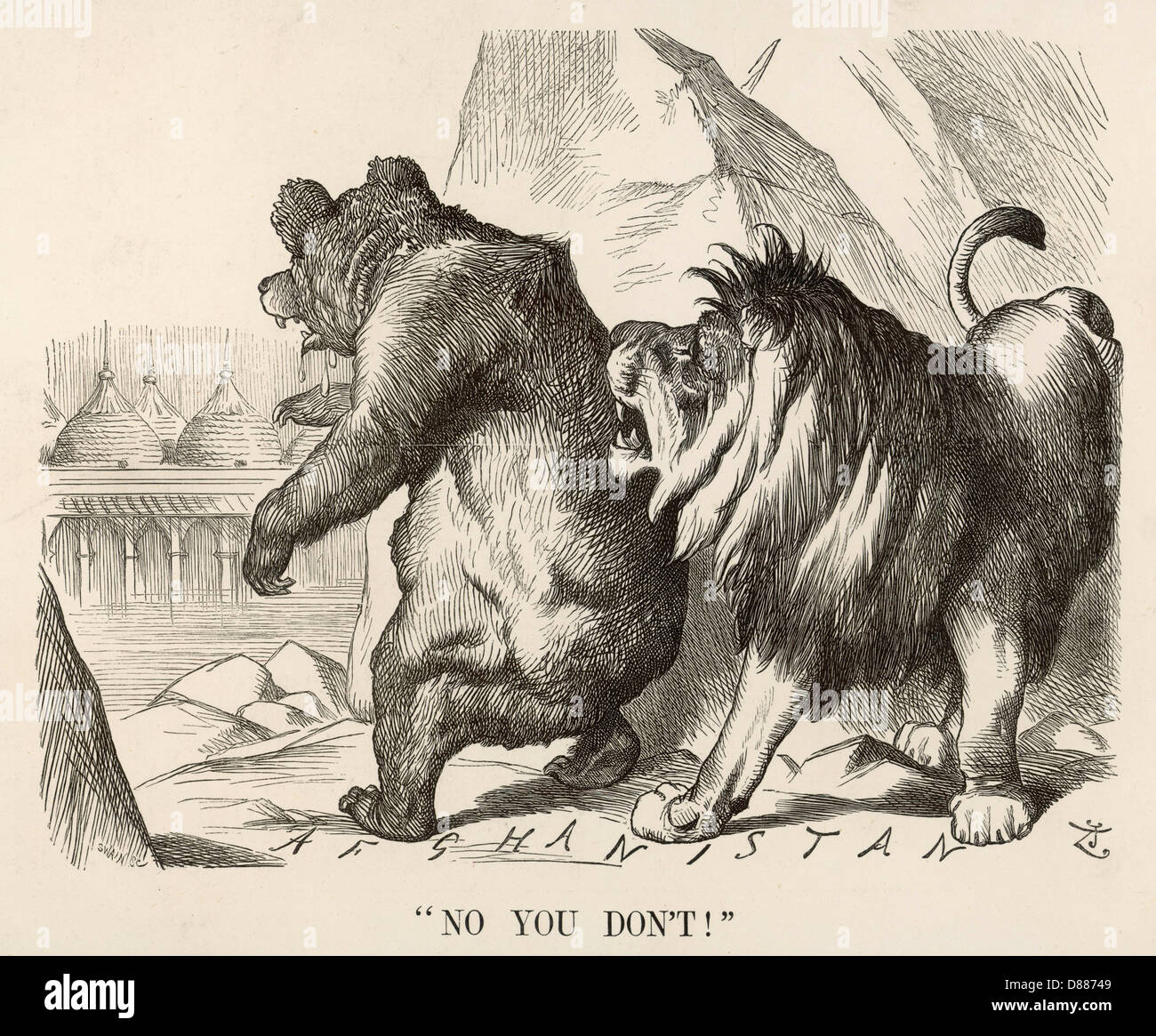 Cartoon, nein, tust du nicht! (Britischer Löwe und russischer Bär) Stockfoto