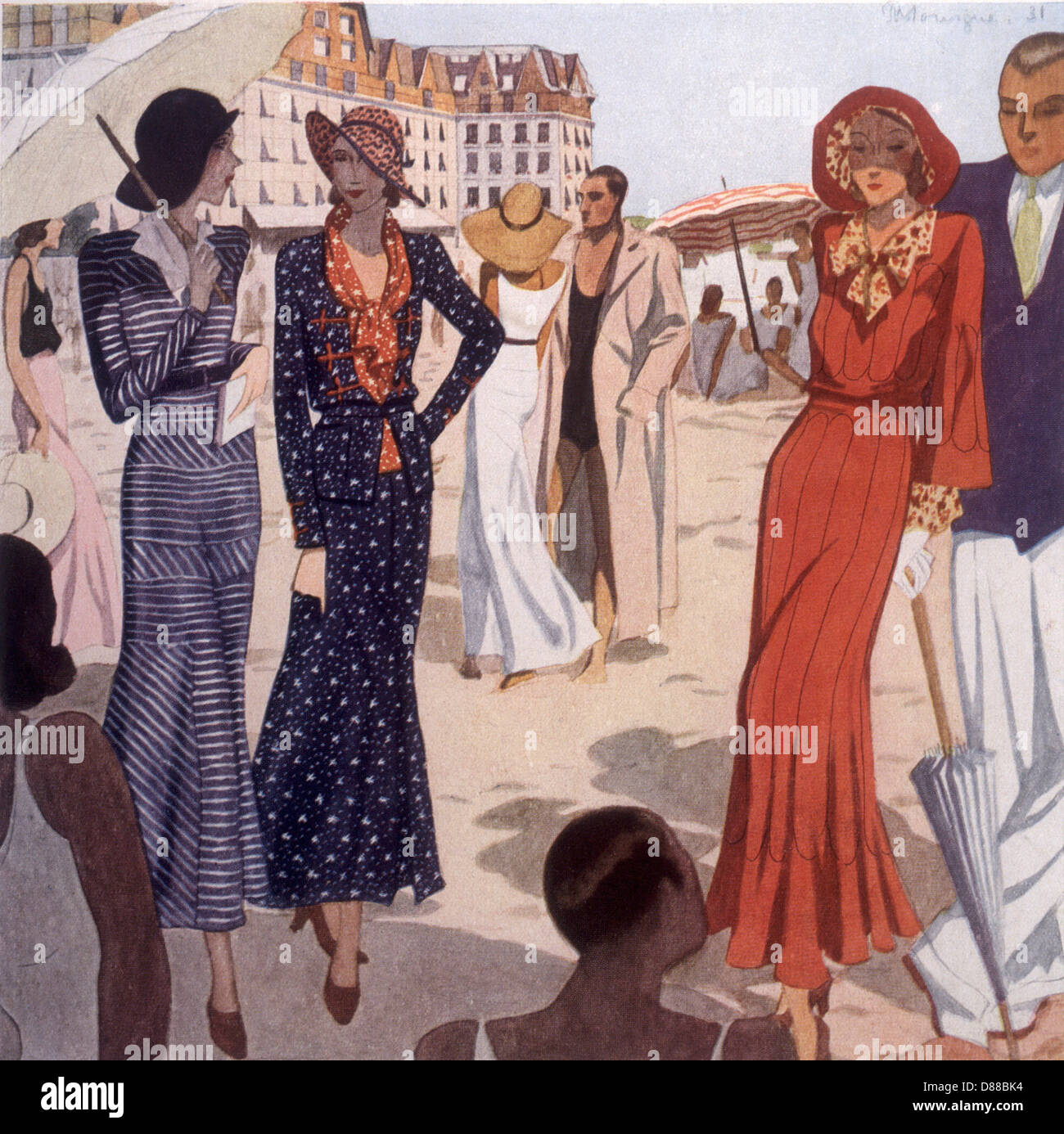 Mode: Frauen, die am Strand spazieren gehen, Frankreich, 1931. Stockfoto