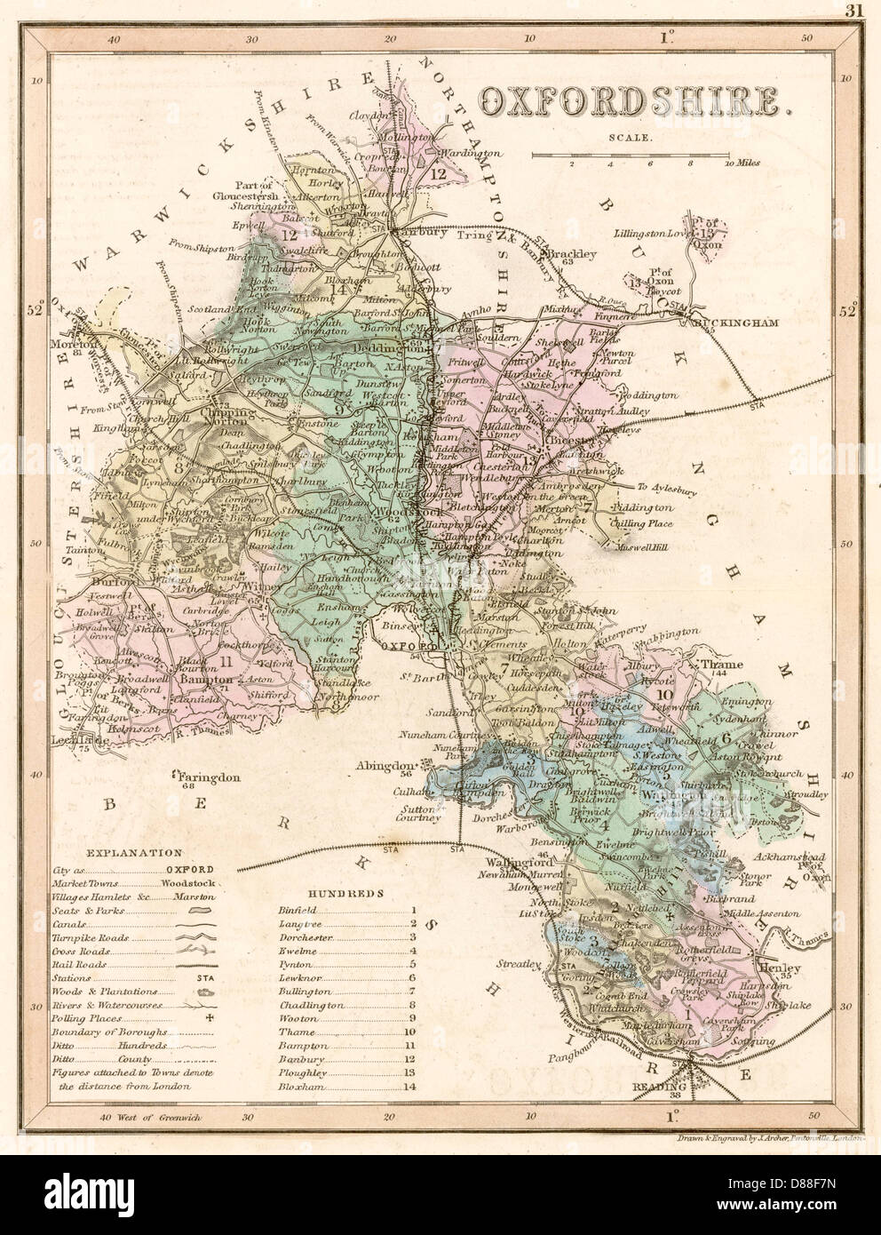 Karte Oxfordshire C1857 Stockfoto