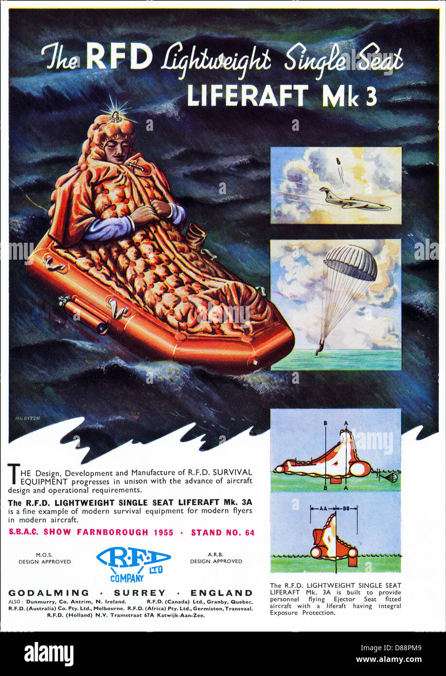 Werbung für RFD LIGHTWEIGHT SINGLE SEAT Rettungsinsel Mk3 Werbung in Fachzeitschrift ca. 1955 Stockfoto