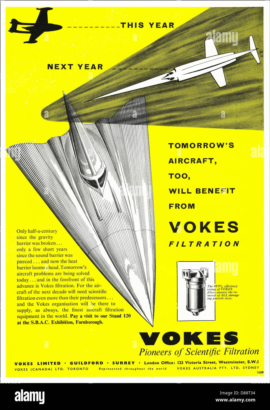 Anzeige für VOKES Filtration für die Flugzeug-Industrie-Werbung in Fachzeitschrift ca. 1955 Stockfoto