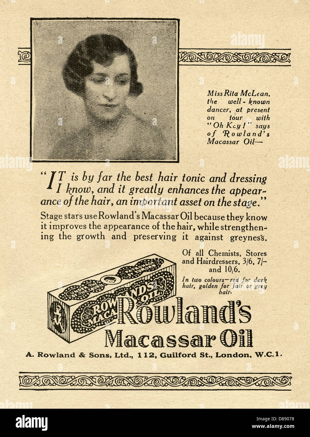 1928-Anzeige für Rowlands Makassar Öl - Haarwasser. Es wird unterstützt von Tänzerin Rita McLean, die fotografiert wird Stockfoto