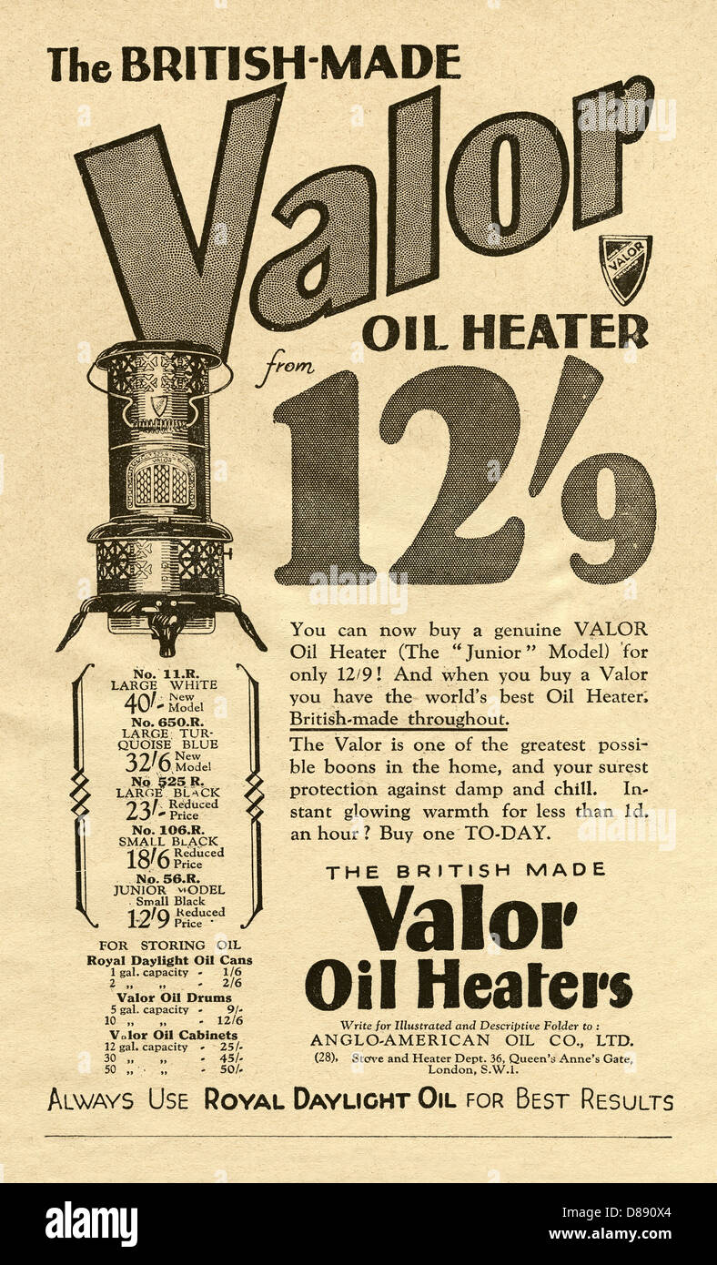 1928-Anzeige für Valor tragbare Ölheizungen - patriotisch gefördert, da ein britisches Produkt hergestellt Stockfoto