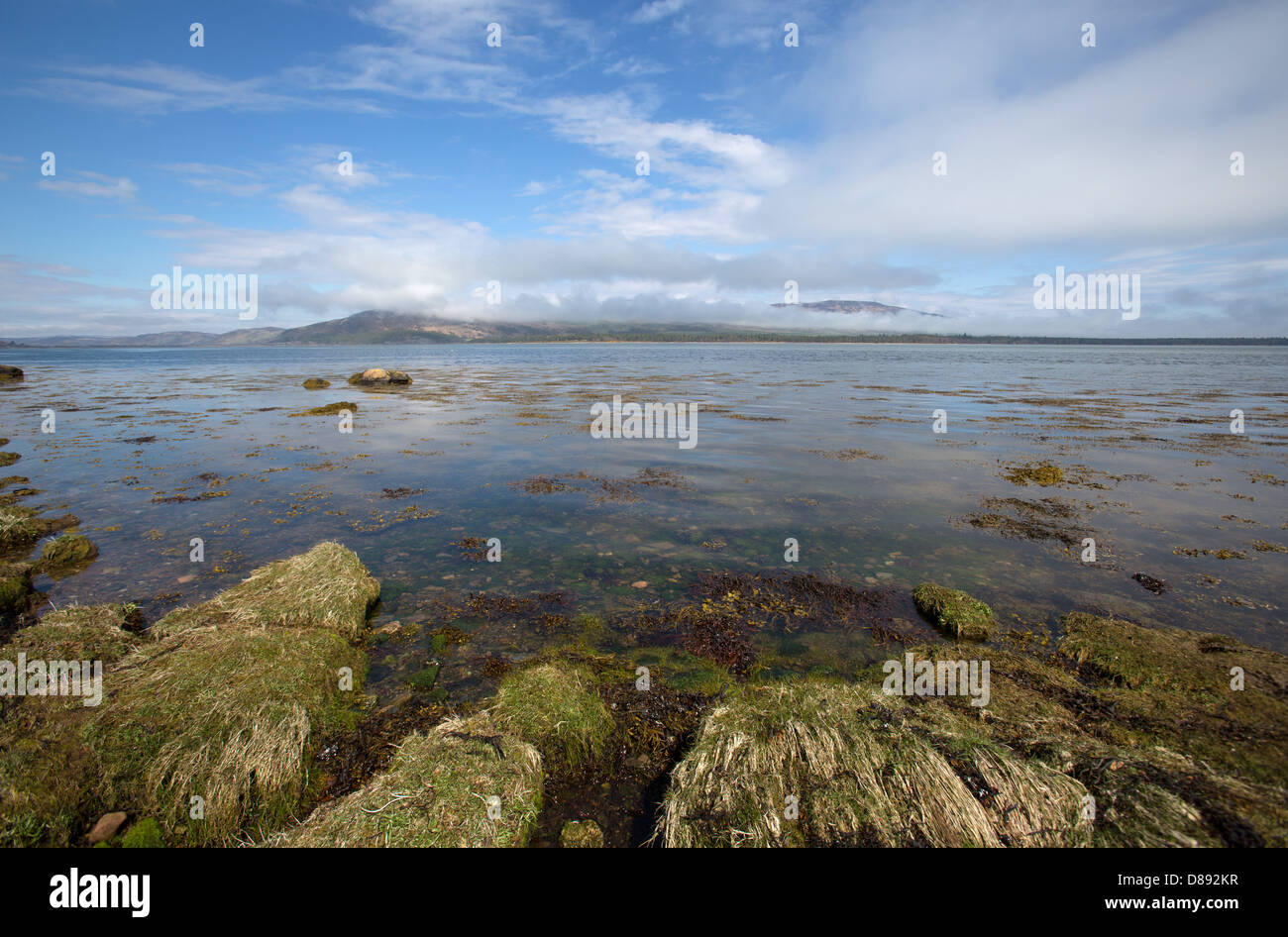 Loch-Flotte, Schottland. Loch-Flotte mit einer Wolke bedeckt Balblair Wood, Hügel und Silver Rock im Hintergrund. Stockfoto