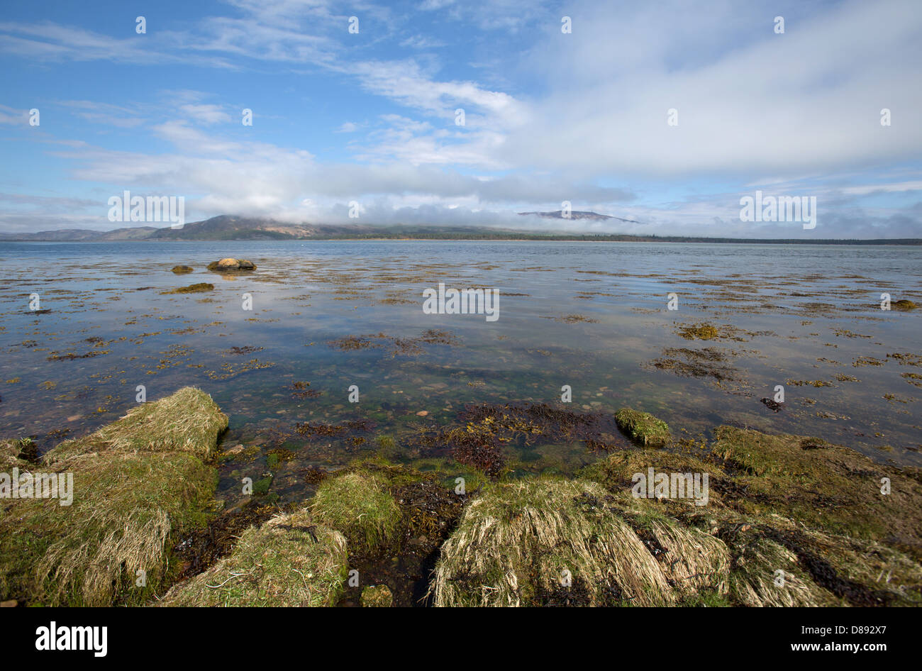 Loch-Flotte, Schottland. Loch-Flotte mit einer Wolke bedeckt Balblair Wood, Hügel und Silver Rock im Hintergrund. Stockfoto