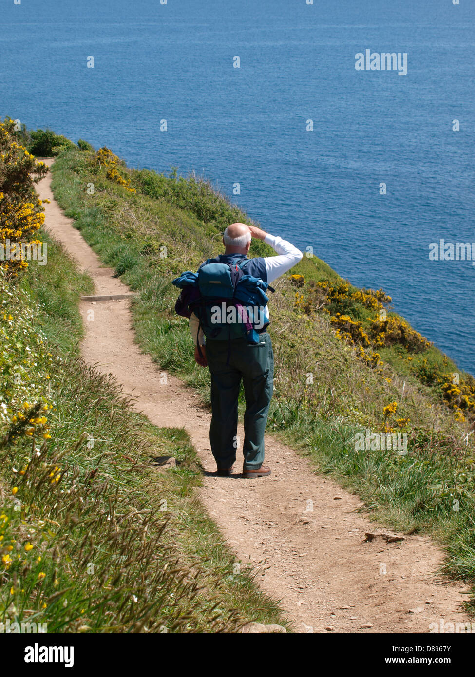 Alter Mann zu Fuß im Südwesten Küste Weg in Polperro, Cornwall, UK 2013 Stockfoto