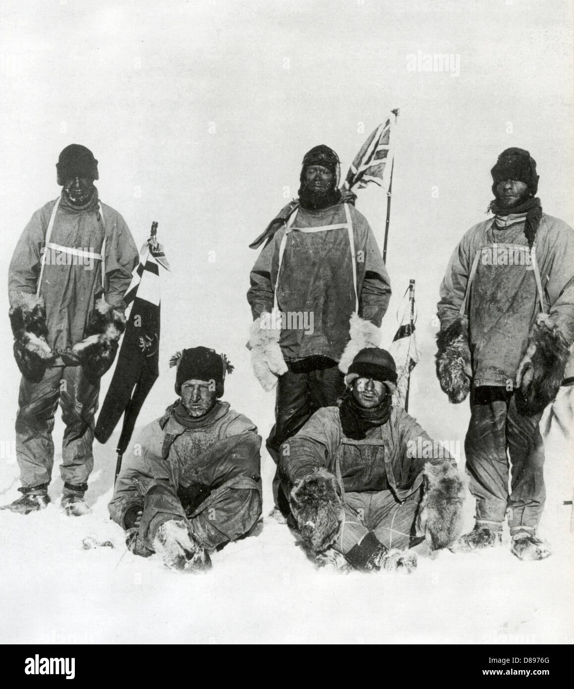 ROBERT FALCON SCOTT und Party am Südpol am 17. Januar 1912 am Tag nachdem Amundsen es erreicht hatte. Siehe Beschreibung unten Stockfoto