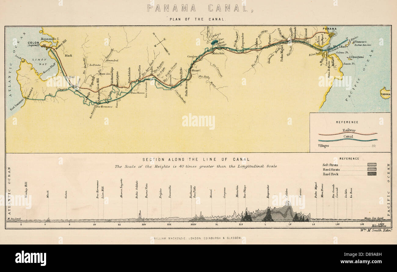 Panama-Kanal Karte 1890 Stockfoto