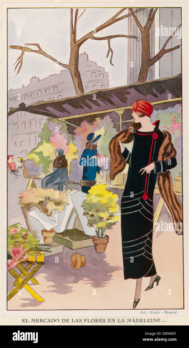 Elegante Dame auf dem Blumenmarkt, Madeleine, Paris Stockfoto