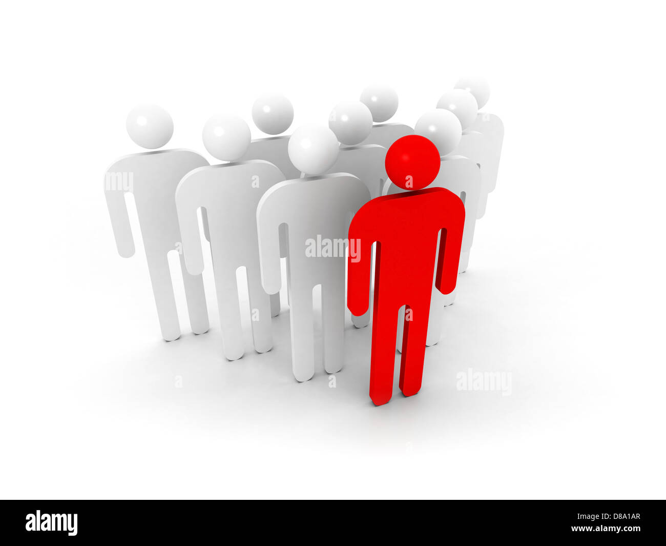 Gruppe von schematischen Menschen mit roten Füllzeichen auf weißem Hintergrund mit weichen Schatten. 3D Illustration Konzept Stockfoto