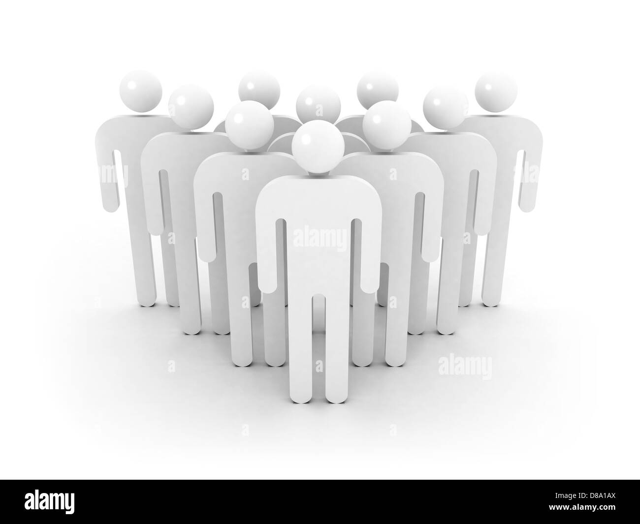 Gruppe von schematischen Menschen Keil auf weißem Hintergrund mit weichen Schatten trägt. 3D Illustration Konzept Stockfoto