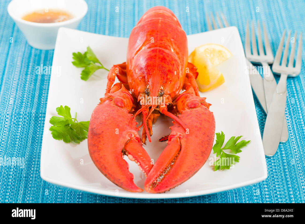 Hummer mit brauner Butter und Zitronenspalten. Stockfoto