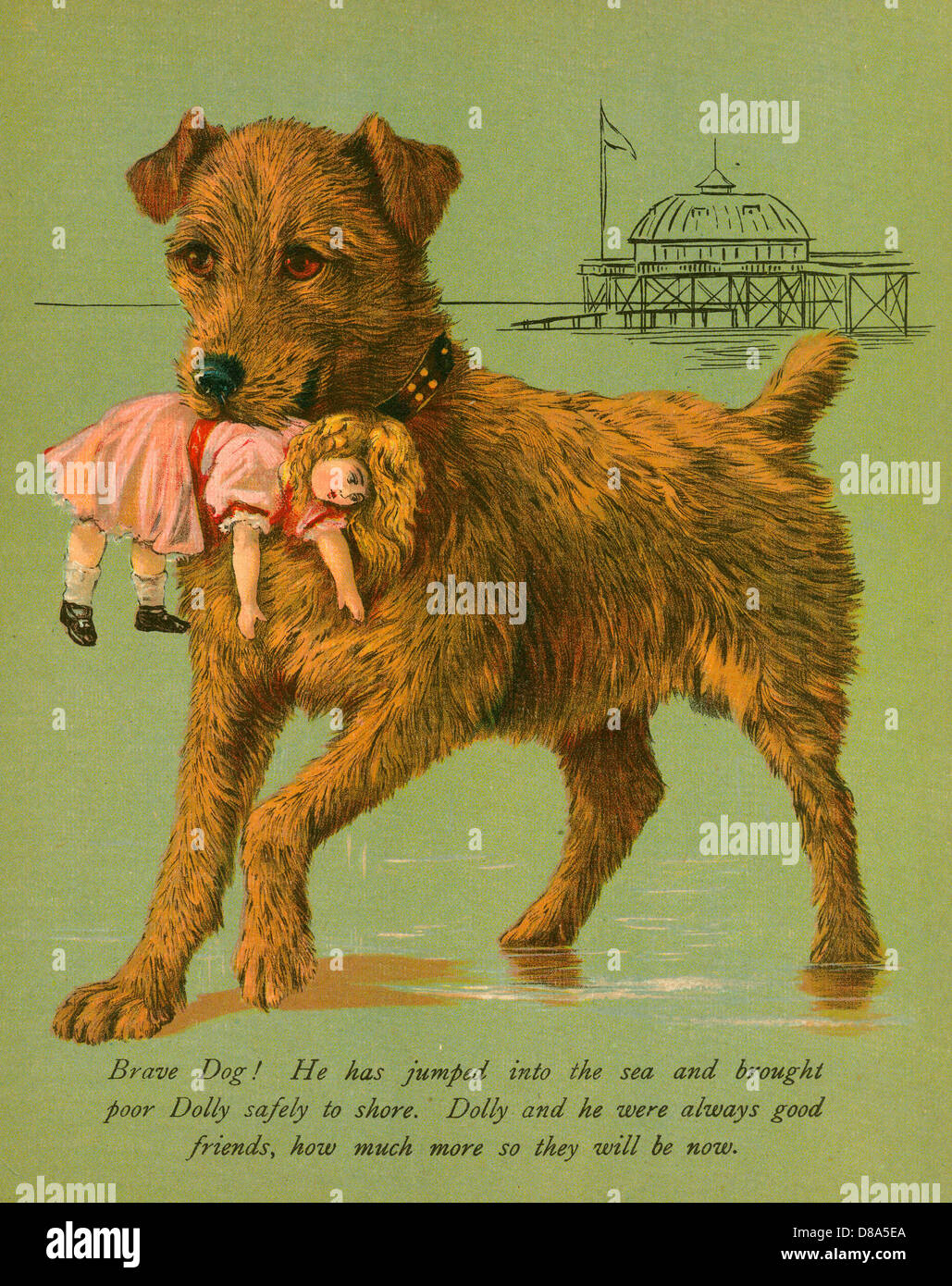 DER HUND RETTET DIE PUPPE AUS DEM MEER Stockfoto